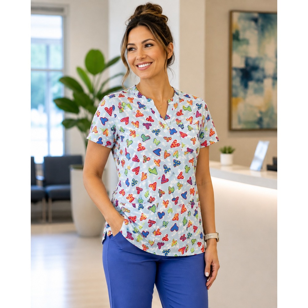 MedGear Women Large Scrubs V-Neck Heart Printed Scrub Top With Pockets